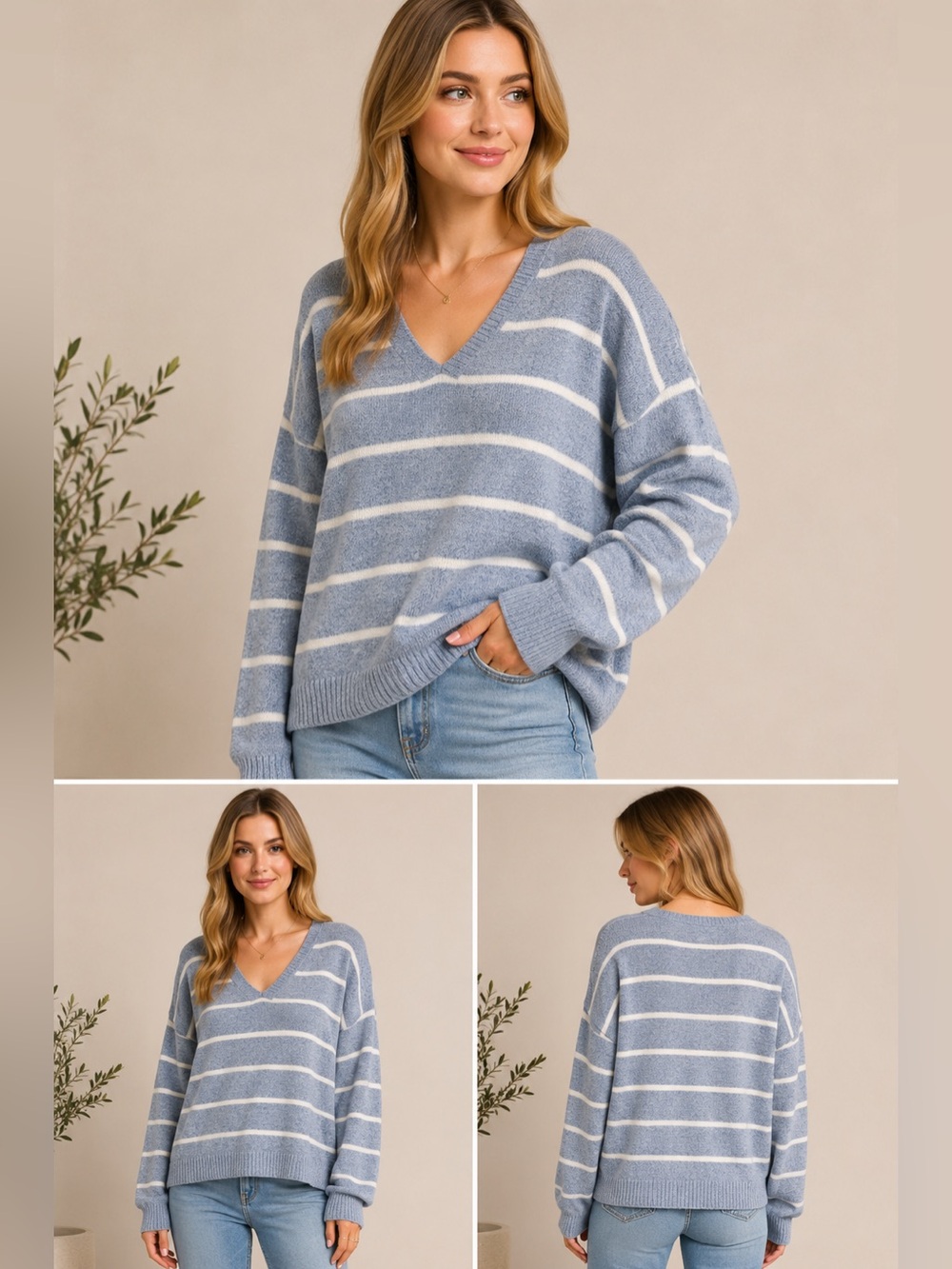 Vero Moda XL Blue White Striped Oversized V-Neck Sweater NWT